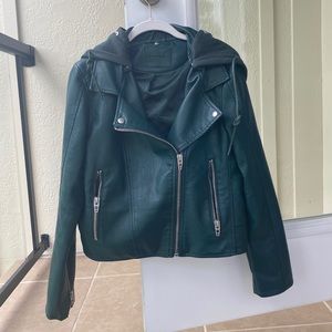 Green faux leather motorcycle jacket